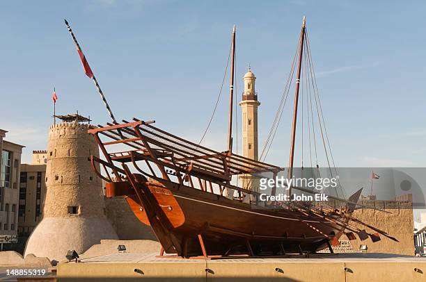 museum al fahidi fort, traditional wooden ship, bur dubai. - bur al arab stock pictures, royalty-free photos & images