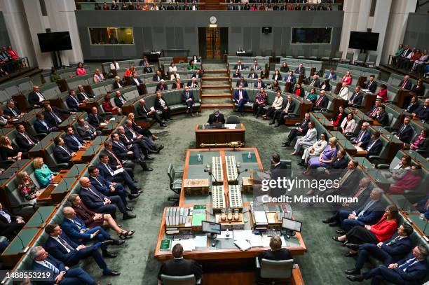 Treasurer Jim Chalmers hands down the 2023 Budget in the House of Representatives at Parliament House on May 09, 2023 in Canberra, Australia. The...