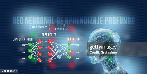 deep learning infographic of neuronal network and robot with spanish text - software as a service stock illustrations