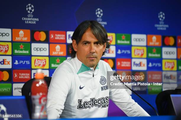 Head Coach Simone Inzaghi of FC Internazionale speaks to the media during the FC Internazionale Press Conference at the club's training ground Suning...