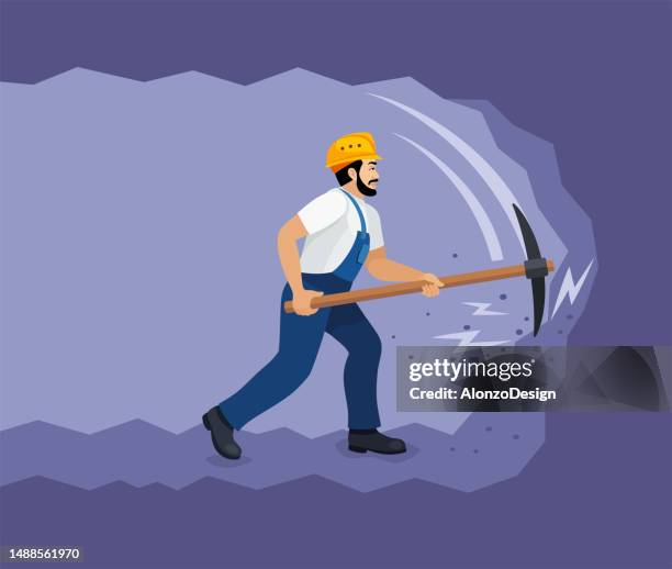 man with pick axe. worker digging and mining to find treasure. - miner pick stock illustrations