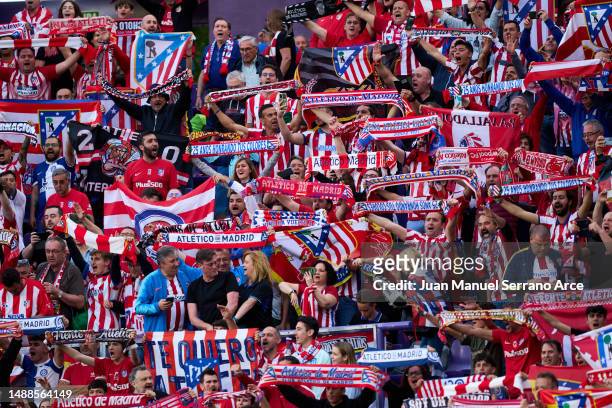 Fans of Atletico Madrid show their support prior to the LaLiga Santander match between Real Valladolid CF and Atletico de Madrid at Estadio Municipal...