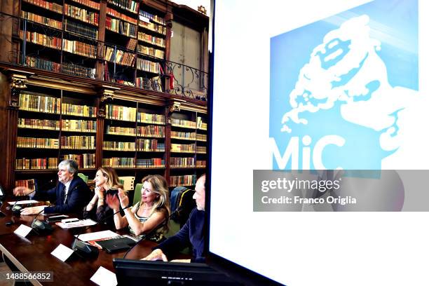 Gianmarco Mazzi, Beatrice Venezi, Ester Bonafede and Barrett Wissman attend the "Taormina Film Fest 2023" press conference at Sala Della Crociera of...