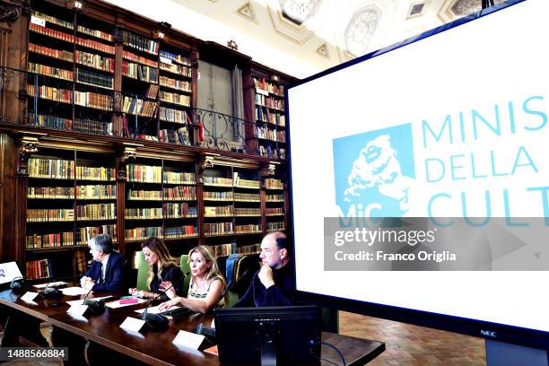 Gianmarco Mazzi, Beatrice Venezi, Ester Bonafede and Barrett Wissman attend the "Taormina Film Fest 2023" press conference at Sala Della Crociera of...