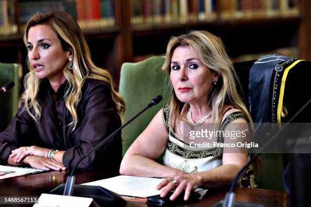 Beatrice Venezi and Ester Bonafede attend the "Taormina Film Fest 2023" press conference at Sala Della Crociera of the Ministry of Culture on May 09,...