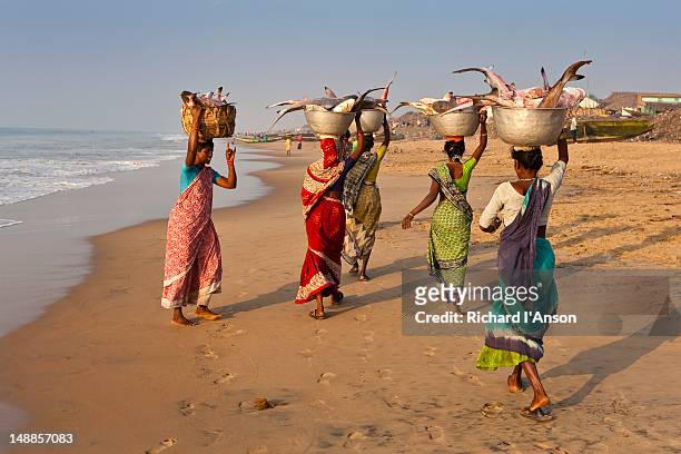 women carrying fish from market. - sand art in india stock-fotos und bilder