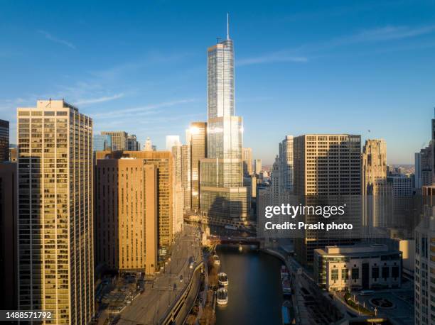 aerial view of the drone in chicago shows the skyscrapers, streets ,rivers and park in the center of the city near the beautiful lake michigan in illinois, usa. - tribune tower stock pictures, royalty-free photos & images