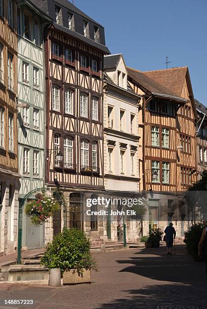 street scene with half-timbered medieval buildings. - rouen france stock pictures, royalty-free photos & images