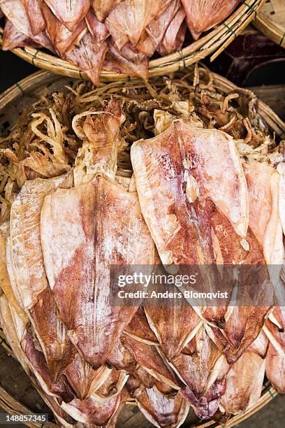 dried salted squid for sale as snack in central market. - pijlinktvis stockfoto's en -beelden