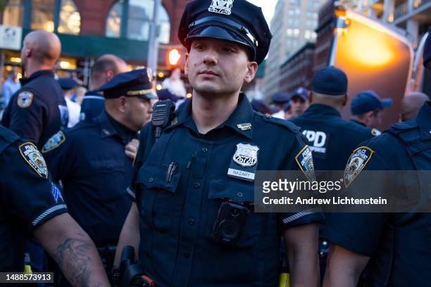 Members of the Strategic Response Group, a special unit within the New York City Police Department, break up a peaceful vigil for Jordan Neely at the...