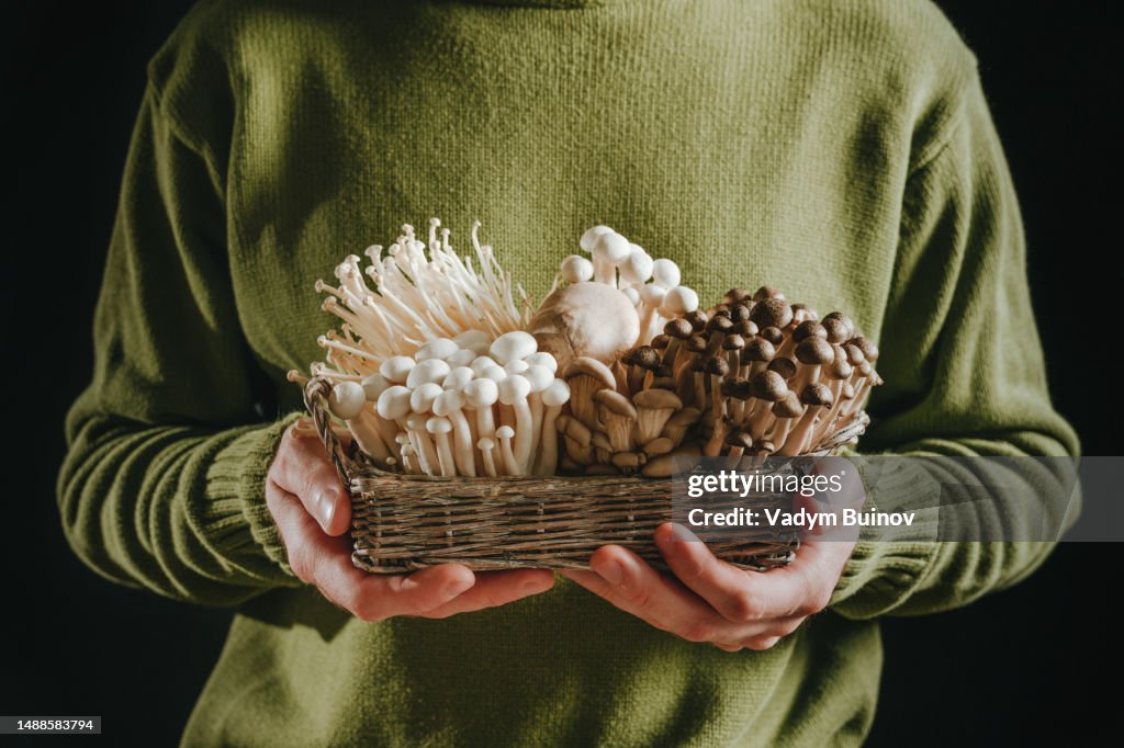 Unrecognizable man in a green sweater holding a cup with various mushrooms
