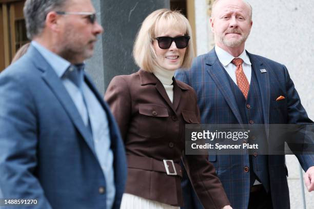 Magazine Columnist E. Jean Carroll arrives for her civil trial against former President Donald Trump at Manhattan Federal Court on May 09, 2023 in...