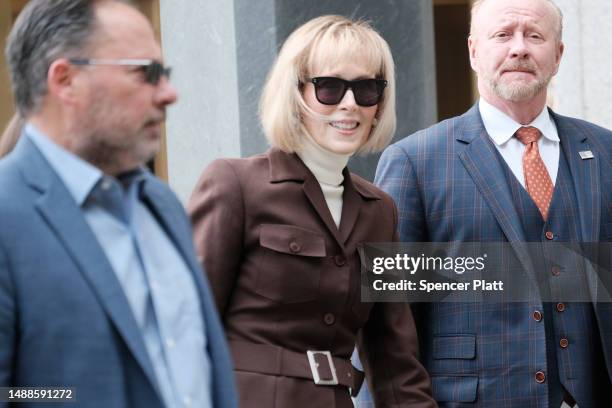 Magazine Columnist E. Jean Carroll arrives for her civil trial against former President Donald Trump at Manhattan Federal Court on May 09, 2023 in...
