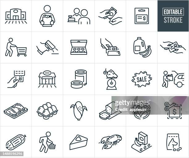 stockillustraties, clipart, cartoons en iconen met supermarket and grocery thin line icons - editable stroke - eten uit blik
