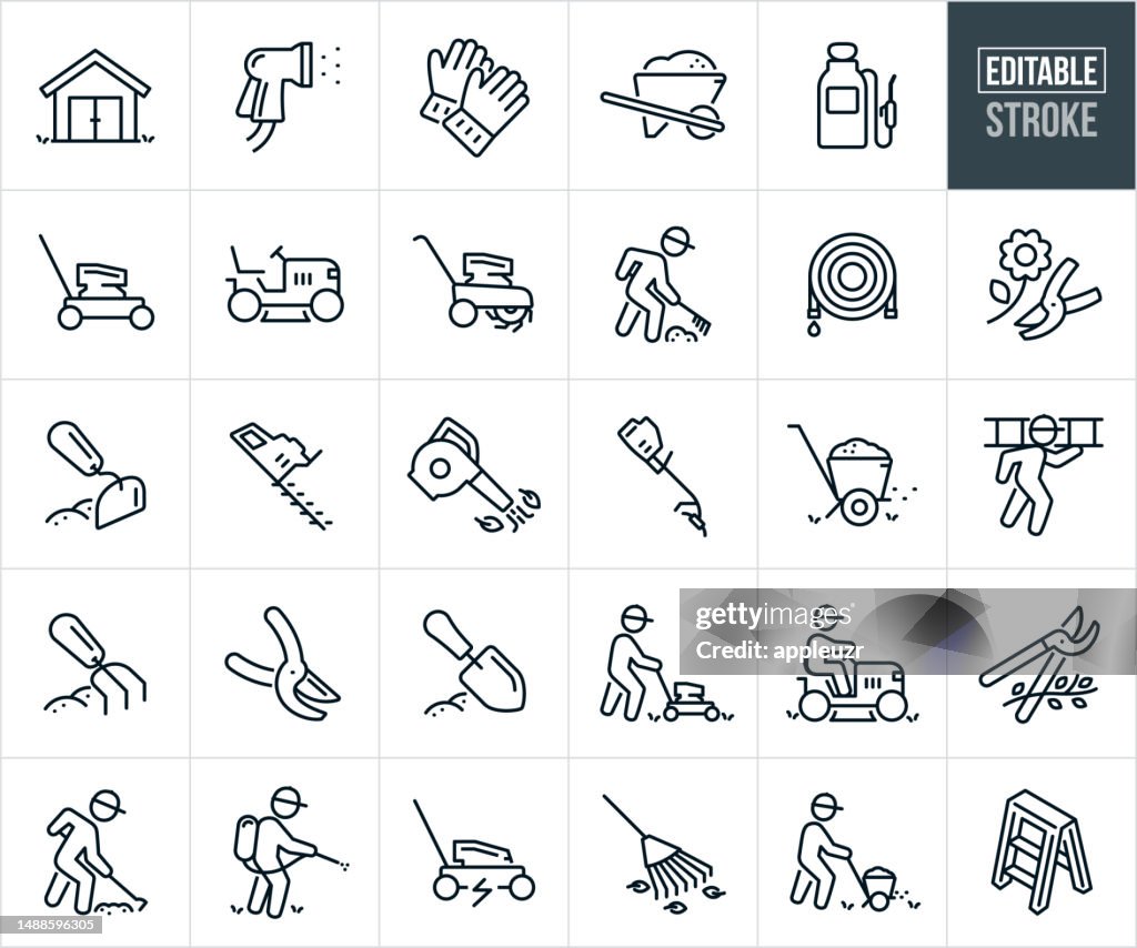 Lawn And Garden Tools And Equipment Thin Line Icons - Editable Stroke