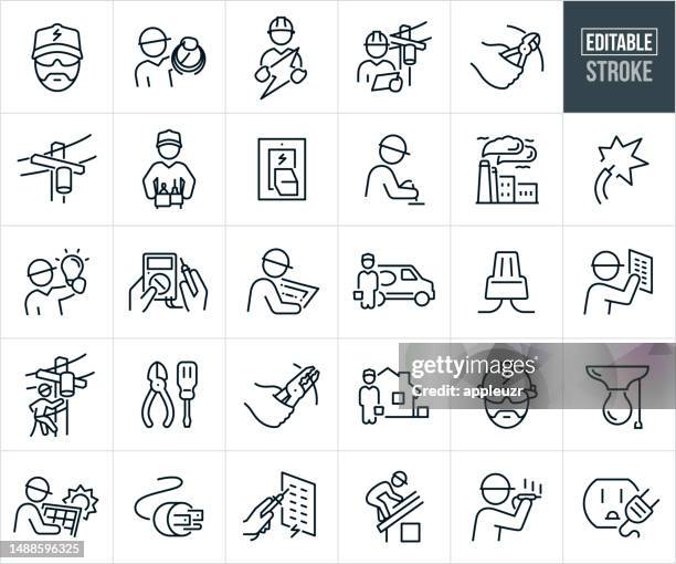 ilustraciones, imágenes clip art, dibujos animados e iconos de stock de iconos de línea delgada de electricista - trazo editable - instalar