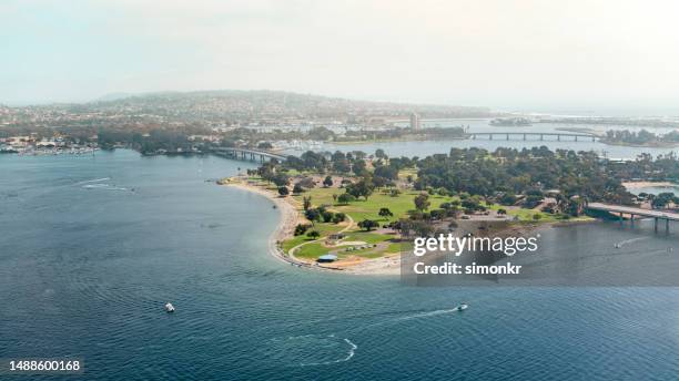 view of mission bay and crown point - mission bay san diego stock pictures, royalty-free photos & images