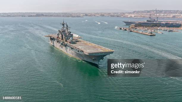 view of military ship - san diego bay stock pictures, royalty-free photos & images