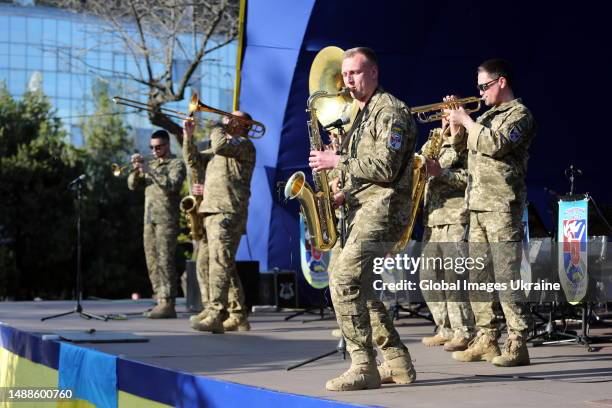 Brass Band "Good evening" perform in the Central Park of Culture and Recreation named after Taras Shevchenko on May 6, 2023 in Odesa, Ukraine. In the...