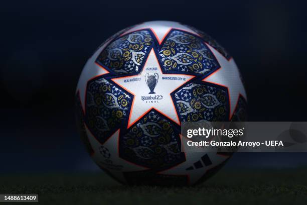 The Match ball displayed before the UEFA Champions League semi-final first leg match between Real Madrid and Manchester City FC at Estadio Santiago...