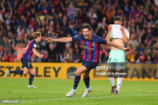 Robert Lewandowski of FC Barcelona celebrates after scoring his team's first goal later disalowed by the referee during the LaLiga Santander match...
