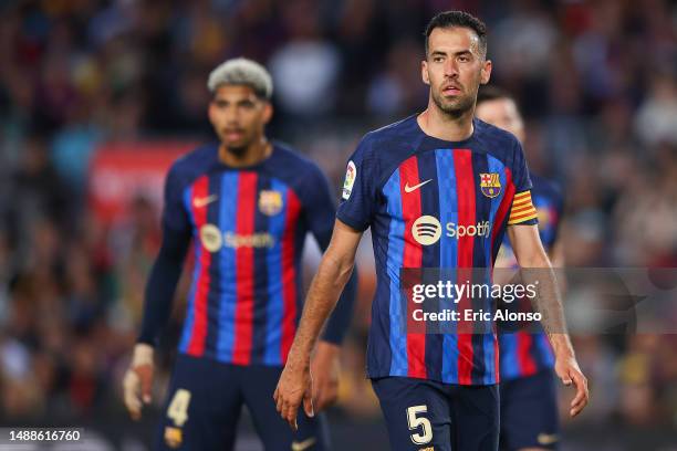 Sergio Busquets of FC Barcelona looks on during the LaLiga Santander match between FC Barcelona and CA Osasuna at Spotify Camp Nou on May 02, 2023 in...