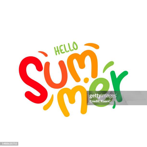 schriftzugkomposition von hello summer und abstrakte form. sommerlicher schriftzug. vektor stock-illustration - hello summer stock-grafiken, -clipart, -cartoons und -symbole