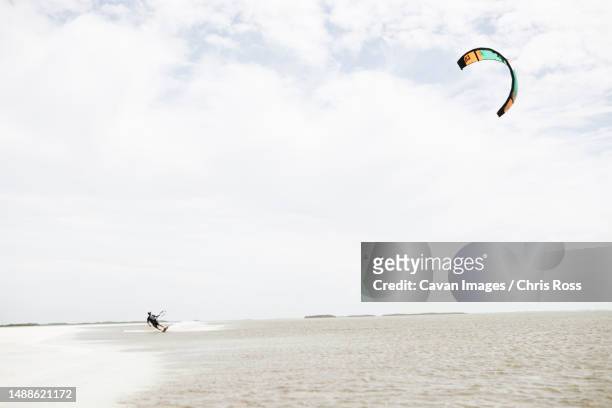 a man leans while kitesurfing is shallow water - islamorada stock-fotos und bilder