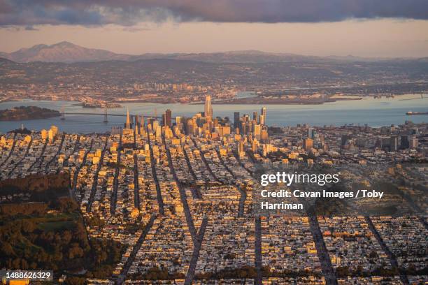 san francisco skyline neighborhoods at sunset aerial photography - nob hill stock pictures, royalty-free photos & images