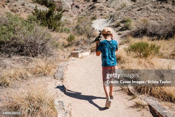 young boy hiking with toy dinosaur in desert - dinosaur national monument stock pictures, royalty-free photos & images