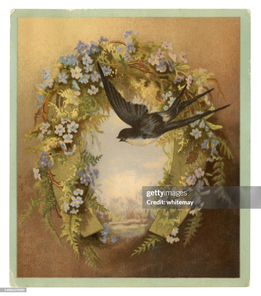 Carte victorienne de vœux avec myosotis, fer à cheval et hirondelle, 1883