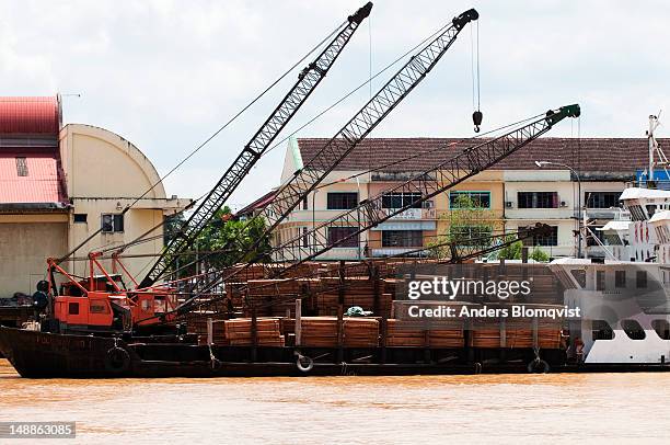 cranes and cargo ship loaded with cut wood on lower batang rejang near sibu. - sibu river stock pictures, royalty-free photos & images