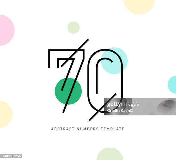 ilustraciones, imágenes clip art, dibujos animados e iconos de stock de plantilla de número abstracto multicolor. plantilla de número de aniversario aislada, etiqueta de icono de aniversario, ilustración de stock vectorial de símbolo de aniversario - número 70