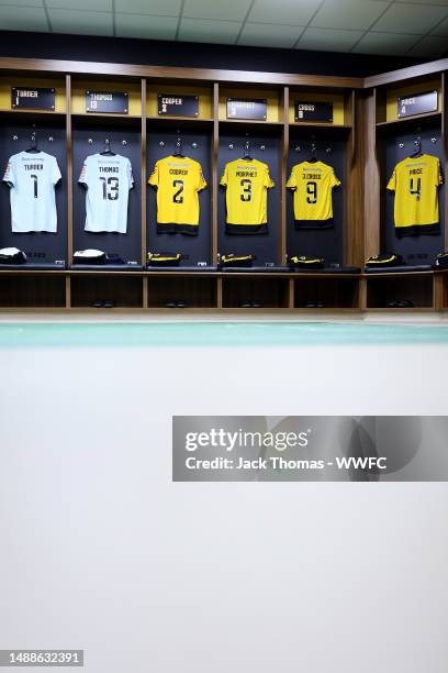 The shirts Shan Turner, Bec Thomas, Laura Cooper, Anna Morphet, Jade Cross and Anna Price of are seen inside the Wolves dressing room ahead of the...