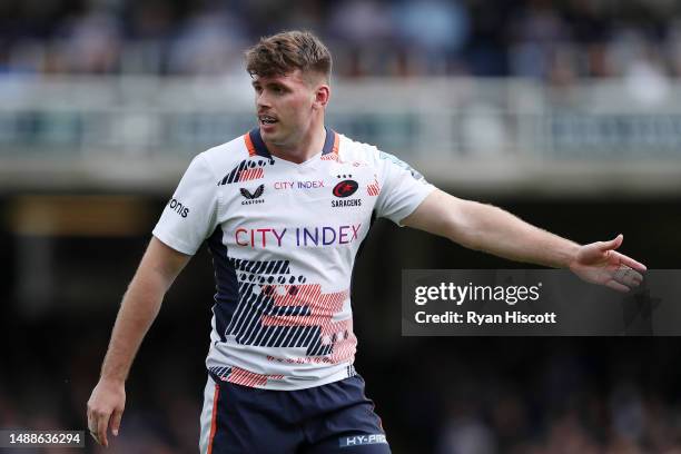 Josh Hallett of Saracens gestures during the Gallagher Premiership Rugby match between Bath Rugby and Saracens at the Recreation Ground on May 06,...