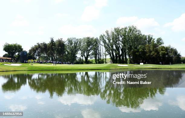 General view as Julien Guerrier of France and Romain Langasque of France play the 5th green during Day Four of the DS Automobiles Italian Open at...