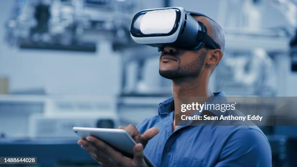 vr, glasses and engineering man on tablet for futuristic research, electronics management or software design. african person or technician in digital, virtual reality and tech in robotics laboratory - vr glasses imagens e fotografias de stock