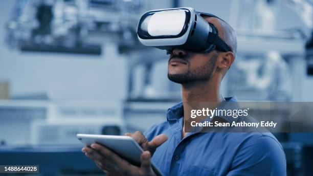 vr, glasses and engineering man on tablet for futuristic research, electronics management or software design. african person or technician in digital, virtual reality and tech in robotics laboratory - vr glasses bildbanksfoton och bilder
