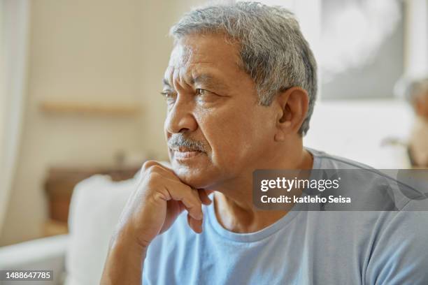 ideas, question and senior man thinking, stress and thoughtful at home, memory and remember. mature male, elderly person and guy with thoughts, fantasy and wonder with contemplation and depressed - glaring meaning stock pictures, royalty-free photos & images