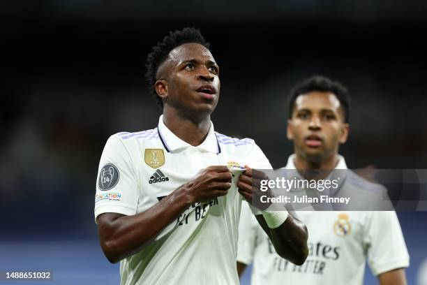 Vinicius Junior of Real Madrid celebrates after scoring the team's first goal during the UEFA Champions League semi-final first leg match between...