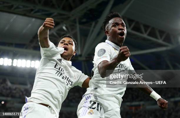Vinicius Junior of Real Madrid celebrates after scoring the team's first goal during the UEFA Champions League semi-final first leg match between...