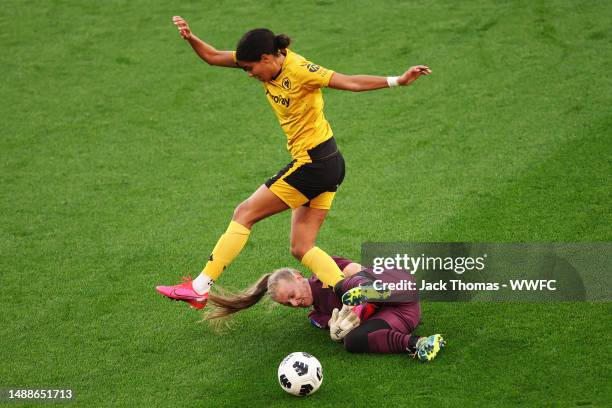 Destiney Toussaint of Wolves is challenged by the Stourbridge Keeper during the Birmingham County Cup Women's Final match between Wolverhampton...