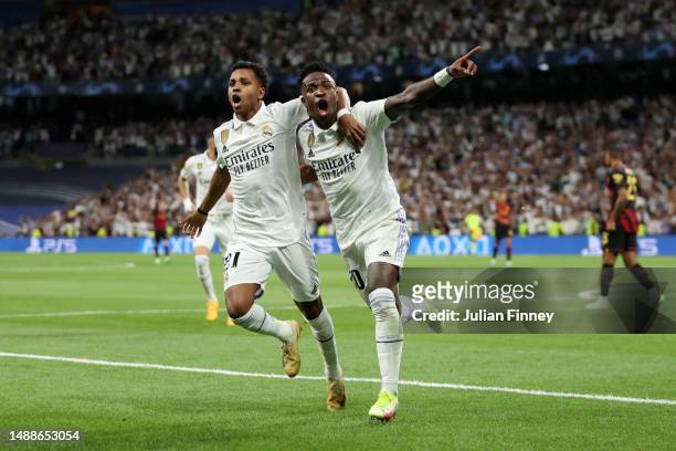 Vinicius Junior of Real Madrid celebrates after scoring the team's first goal during the UEFA Champions League semi-final first leg match between...