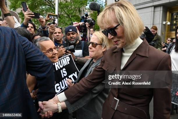 Magazine Columnist E. Jean Carroll leaves after her civil trial against former President Donald Trump at Manhattan Federal Court on May 09, 2023 in...