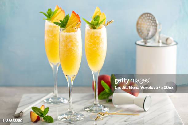 close-up of drinks on table - bellini stock pictures, royalty-free photos & images