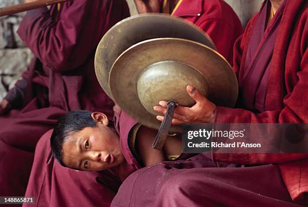 young monk peering out from group at tengboche monastery during annual mani rimdu festival. - mani rimdu festival stock-fotos und bilder