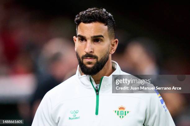 Martin Montoya of Real Betis Balompie looks on prior to the LaLiga Santander match between Athletic Club and Real Betis at San Mames Stadium on May...