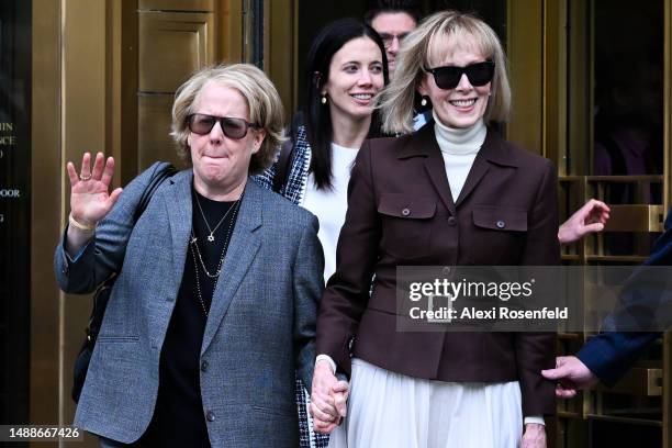 Magazine Columnist E. Jean Carroll leaves after her civil trial against former President Donald Trump at Manhattan Federal Court on May 09, 2023 in...