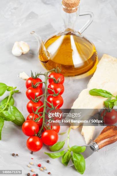 high angle view of food with ingredients on table,romania - olive oil stock pictures, royalty-free photos & images