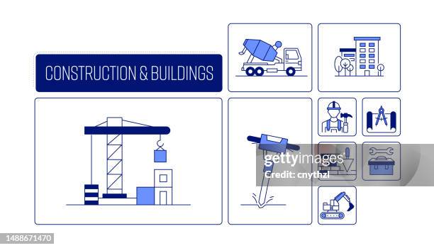construction and buildings related vector banner design concept, modern line style with icons - floor plan elements stock illustrations